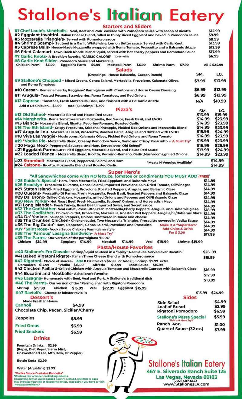 Menu For Stallone S Italian Eatery 467 E Silverado Ranch Blvd Ste 125